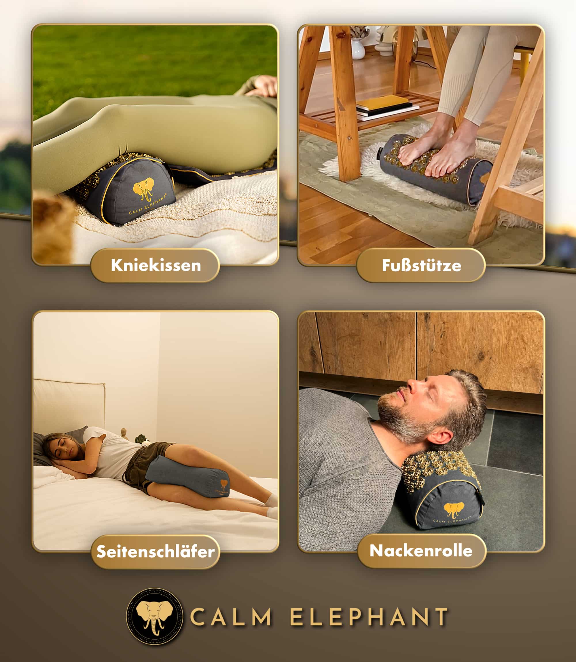 Akupressurkissen 2in1 - grau von CALM ELEPHANT in Verwendung als Knieschläfer, Fußstütze, und Nackenrolle.