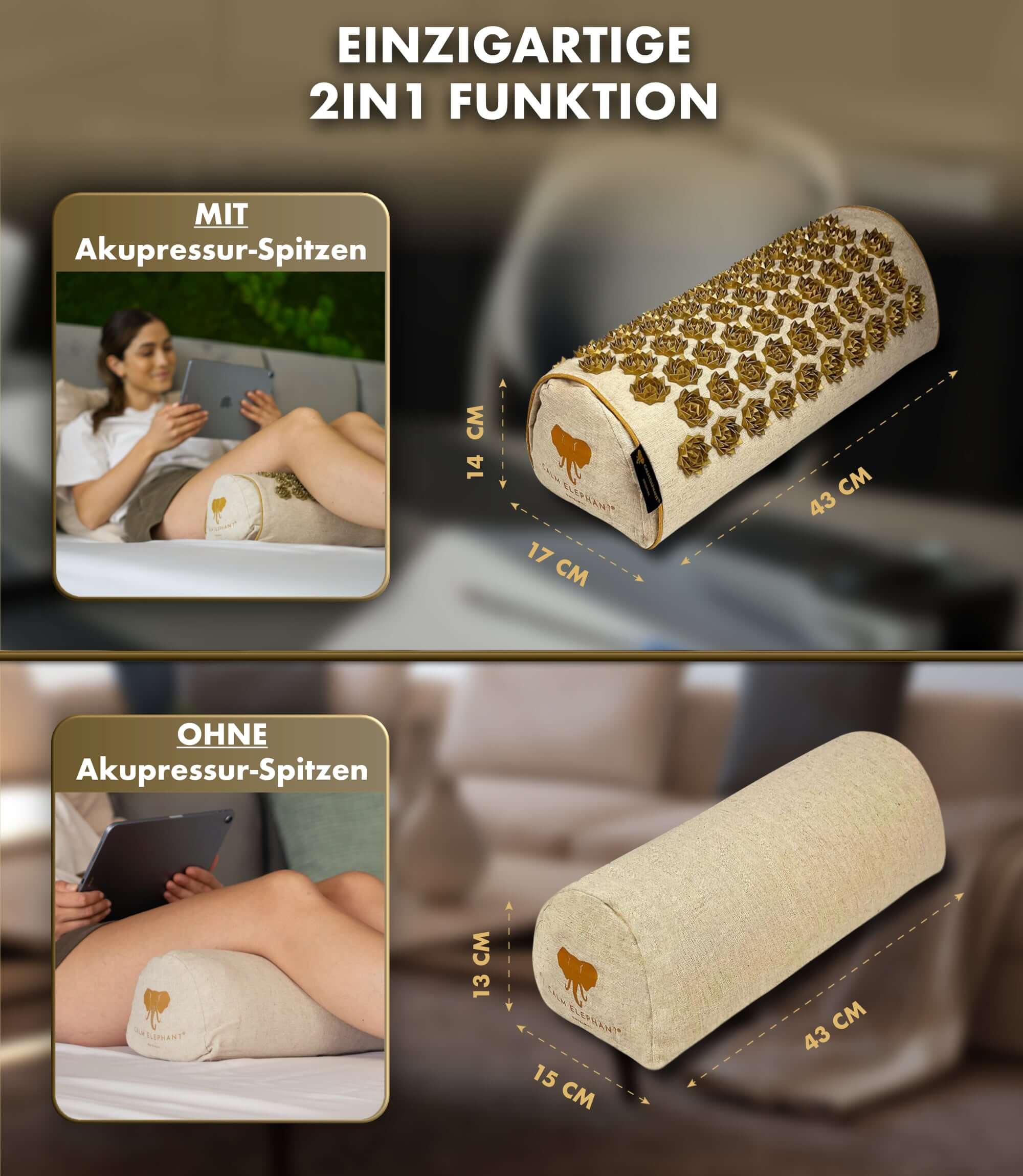 Akupressurkissen 2in1 - beige mit abnehmbaren Akupressur-Spitzen für effektive Schmerzbehandlung von CALM ELEPHANT.