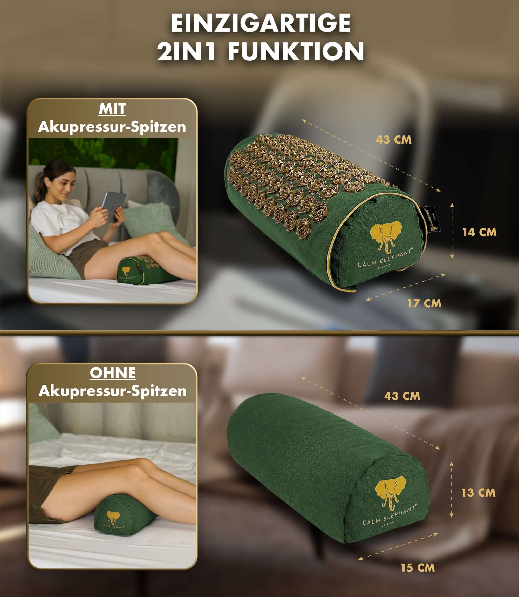 Akupressurkissen 2in1 - grün mit und ohne Akupressurspitzen zur Nacken- und Rückenschmerzlinderung von CALM ELEPHANT.