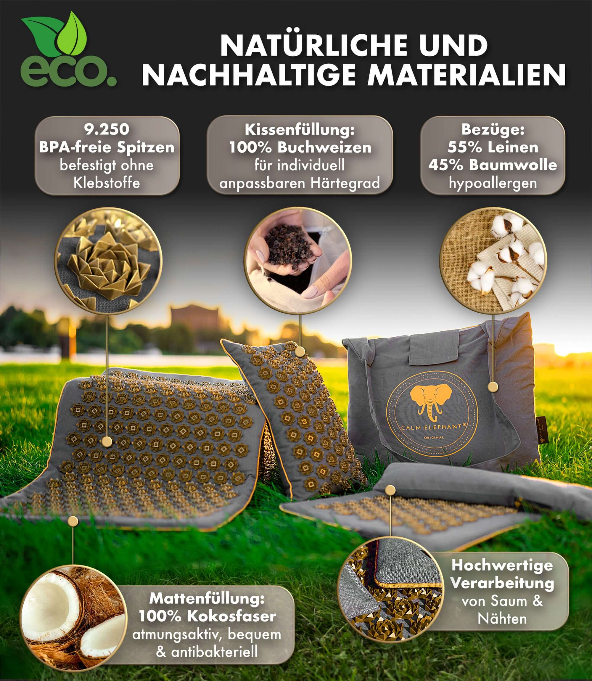 Akupressurmatte | GENUINE 5er Set - grau mit natürlichen Materialien und hochwertigen Details für Entspannung.