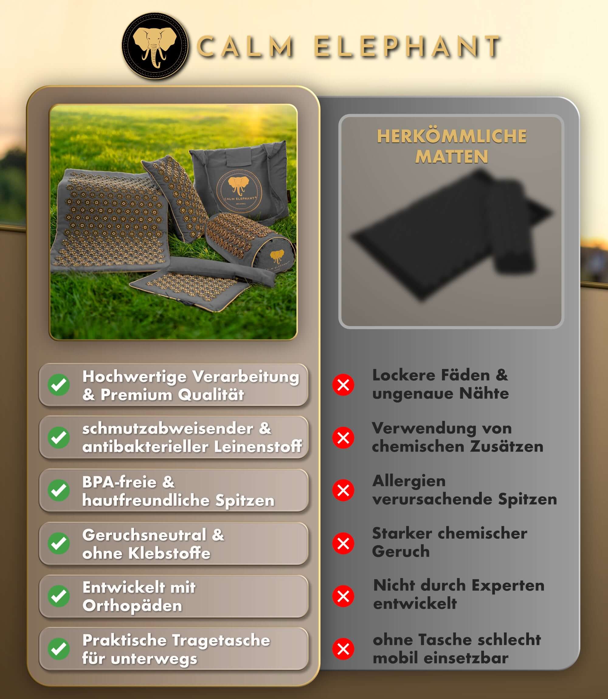 Akupressurmatte | ULTIMATE 6er Set - grau von CALM ELEPHANT mit hochwertigen Materialien und praktischen Funktionen.