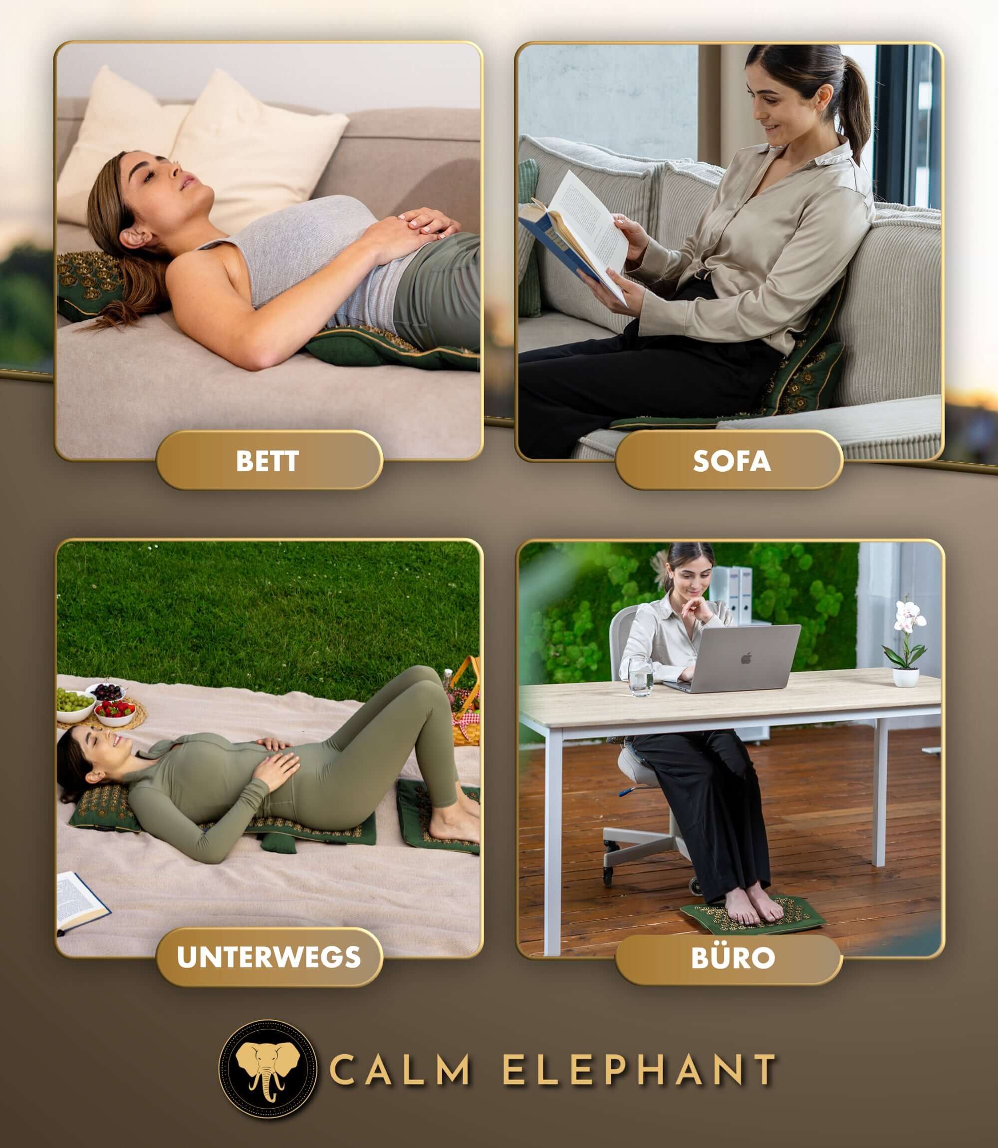 Akupressurmatte | GENUINE 5er Set - grün in verschiedenen Anwendungsszenarien auf Bett, Sofa, unterwegs und im Büro.