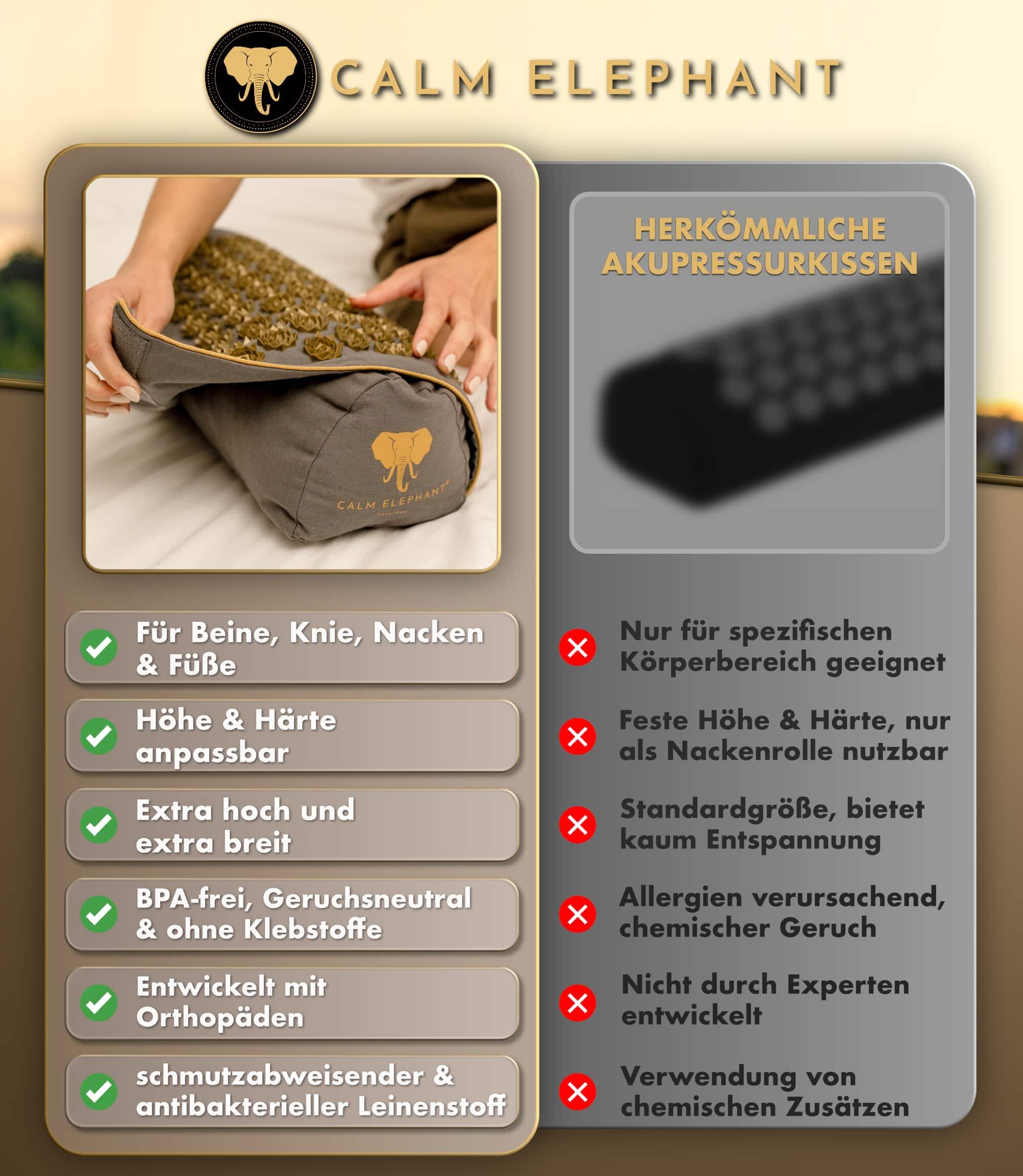 Akupressurkissen 2in1 - grau von CALM ELEPHANT, geeignet für Nacken, Beine, Knie und Füße - chemiefrei.