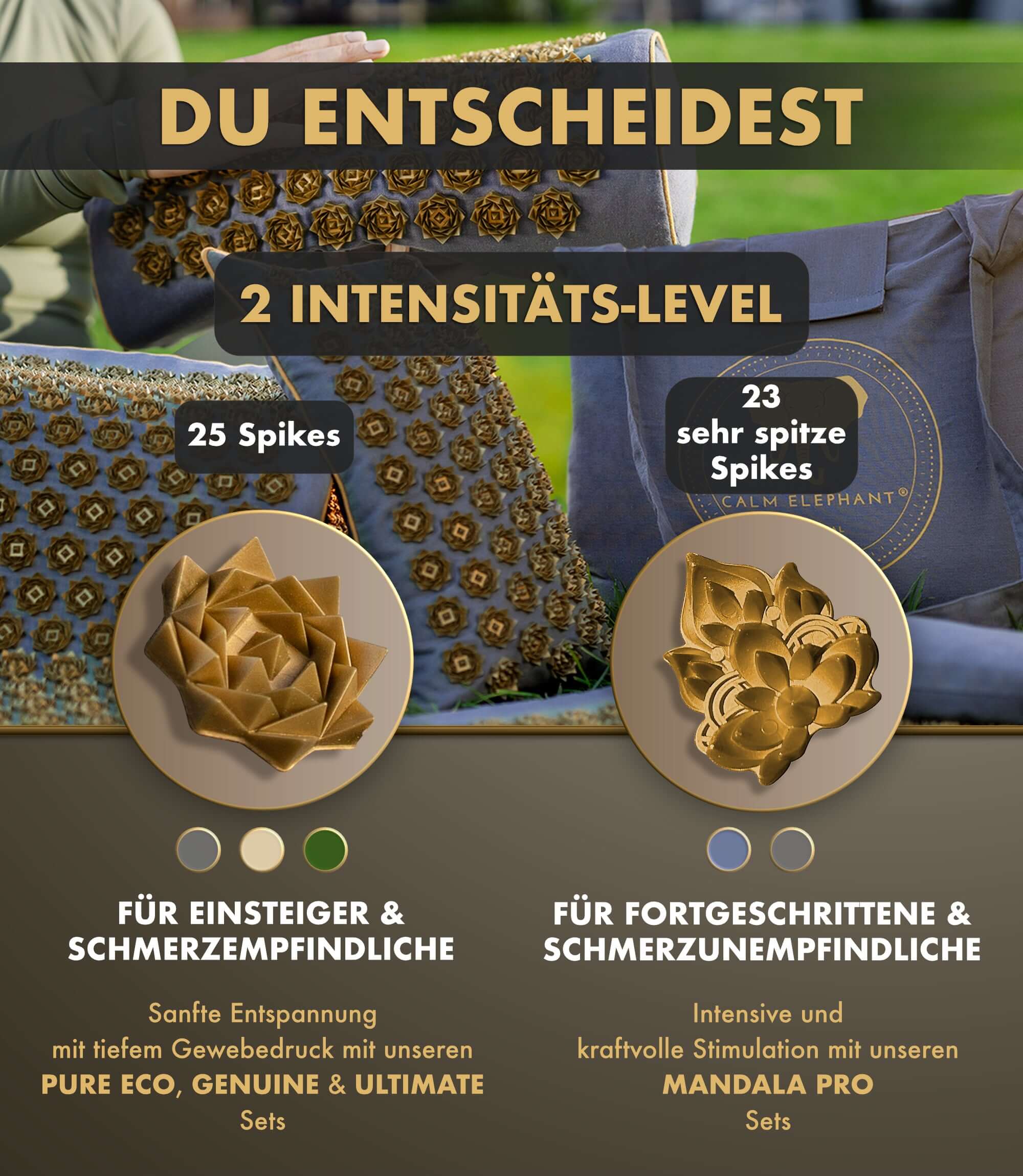 Akupressurmatte | ULTIMATE 6er Set - beige, Vergleich der Intensitätslevel mit 25 und 23 Spikes.