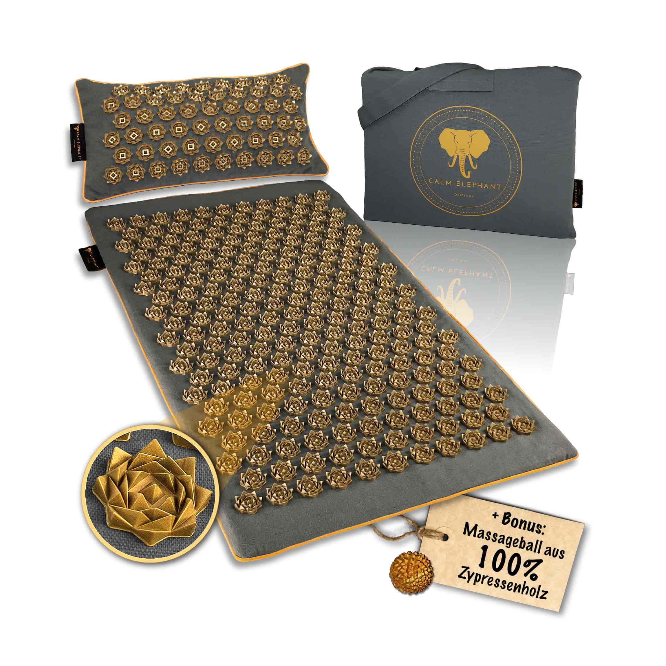 Akupressurmatte | PURE ECO 3er Set - grau mit Kissen, Massageball und nachhaltigen Stacheln von CALM ELEPHANT.