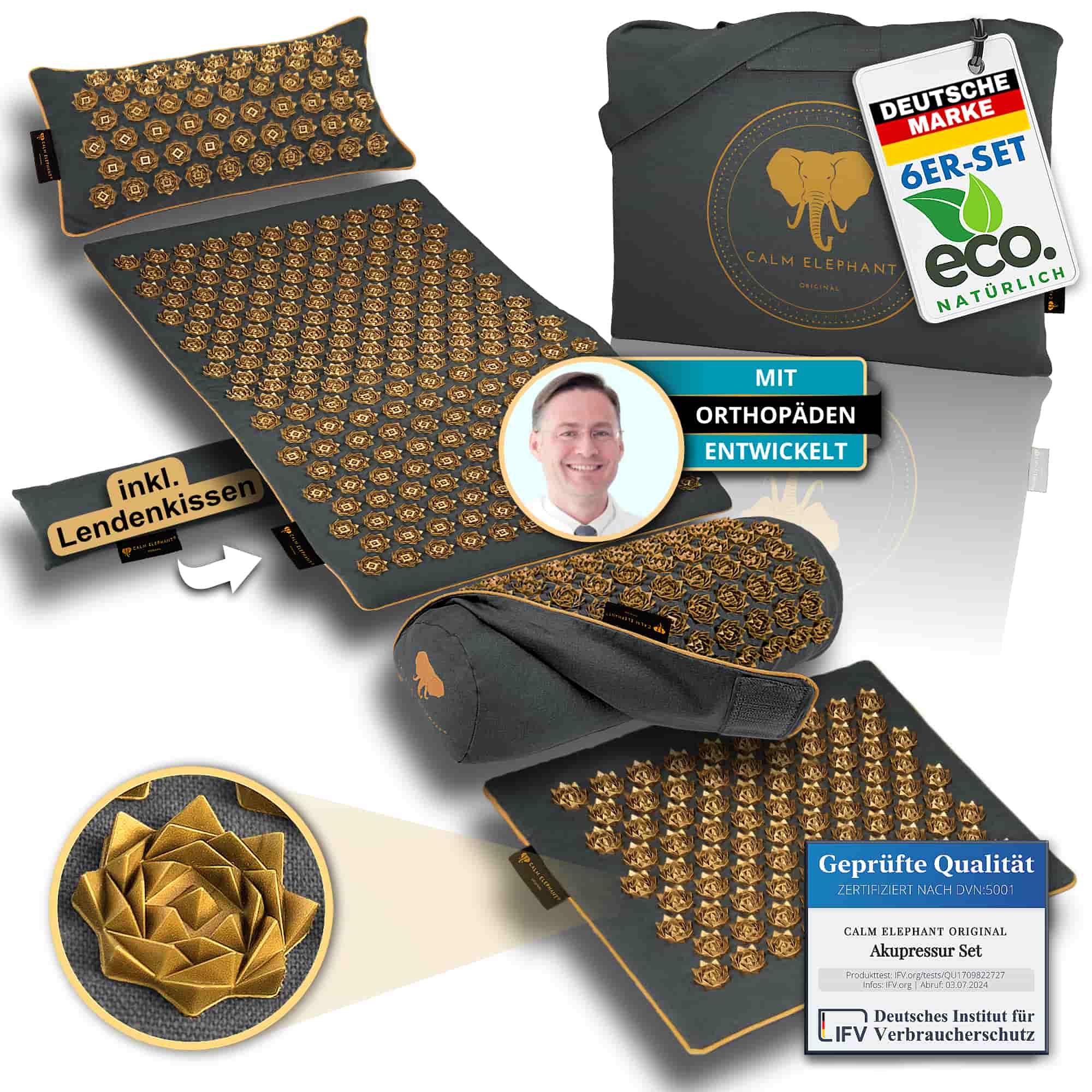 Akupressurmatte | ULTIMATE 6er Set - grau mit orthopädischem Kissen und hochwertige Materialien von CALM ELEPHANT.