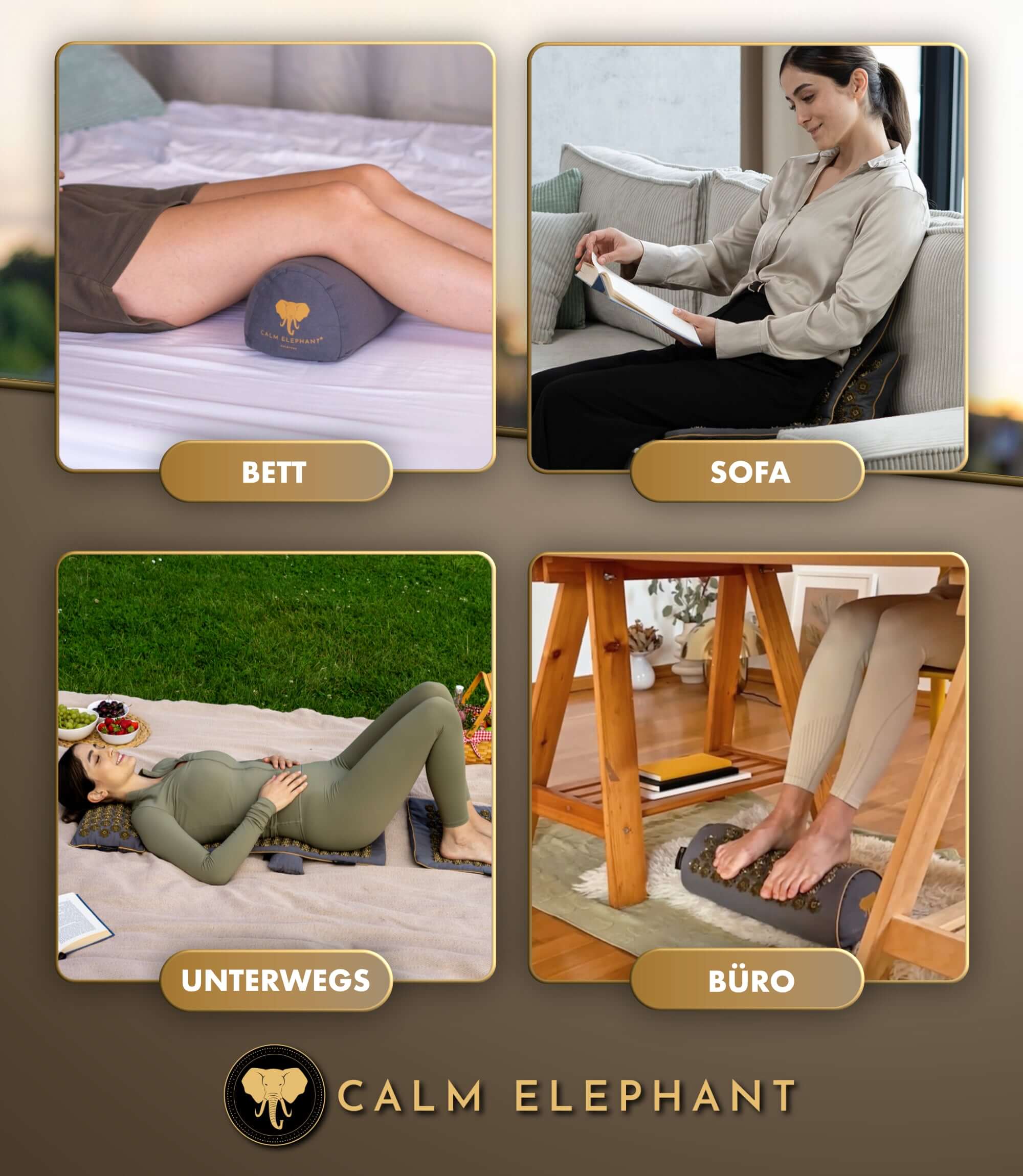Akupressurmatte | ULTIMATE 6er Set - grau in Anwendung auf Bett, Sofa, Unterwegs und im Büro.